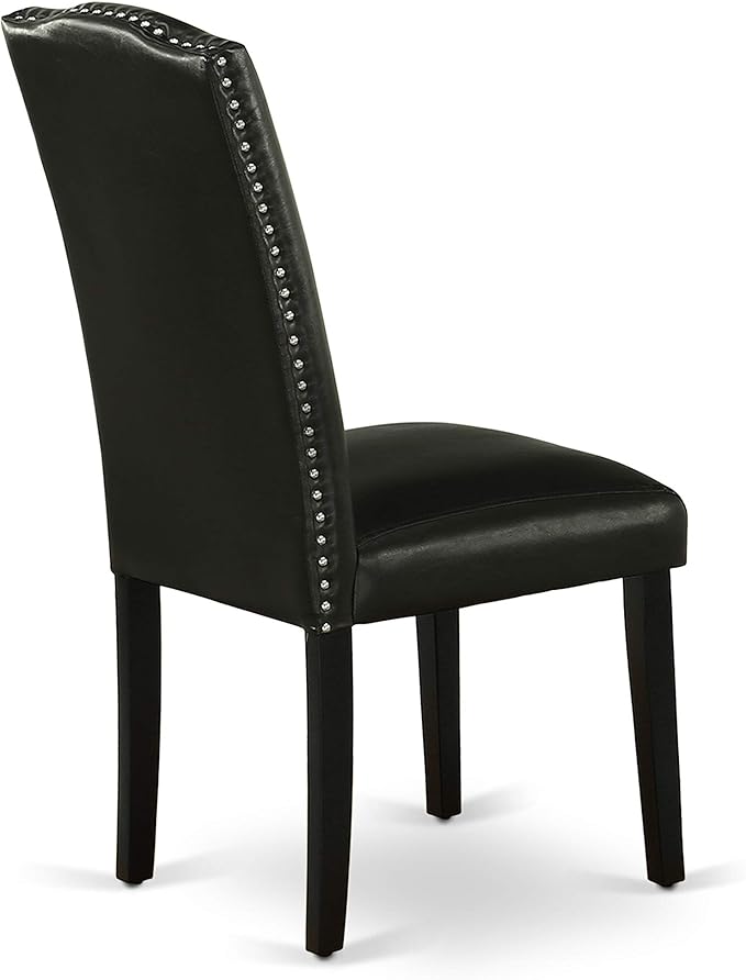 East West Furniture ENP1T69 Encinal Parson Dining Room Chairs - Nailhead Trim Black Faux Leather Padded Chairs, Set of 2, Black