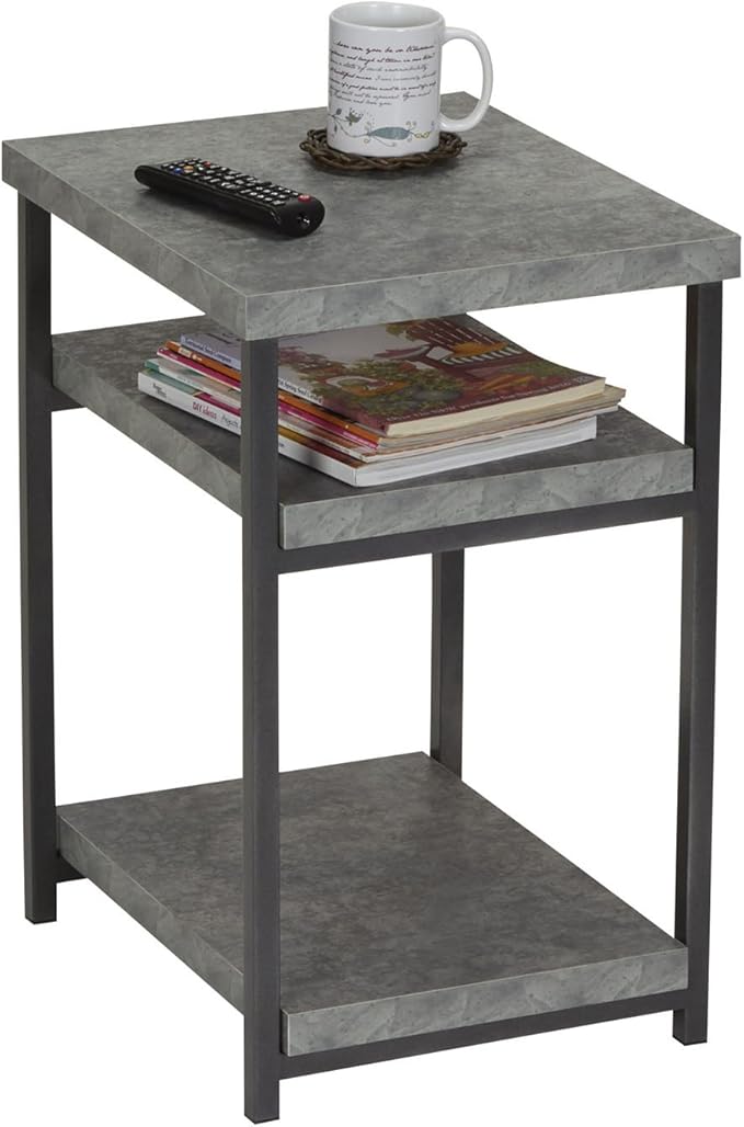 Household Essentials Jamestown Rectangular Side End Table with Storage Shelves Rustic Slate Concrete and Black Metal