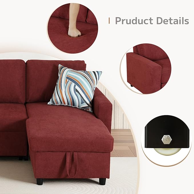 Yafylly L-Shaped Sleeper Sofa with Chaise Lounge & Storage, Pull-Out Couch Bed with Recliner, Full Size Futon for Living Room, Office, Apartment Red