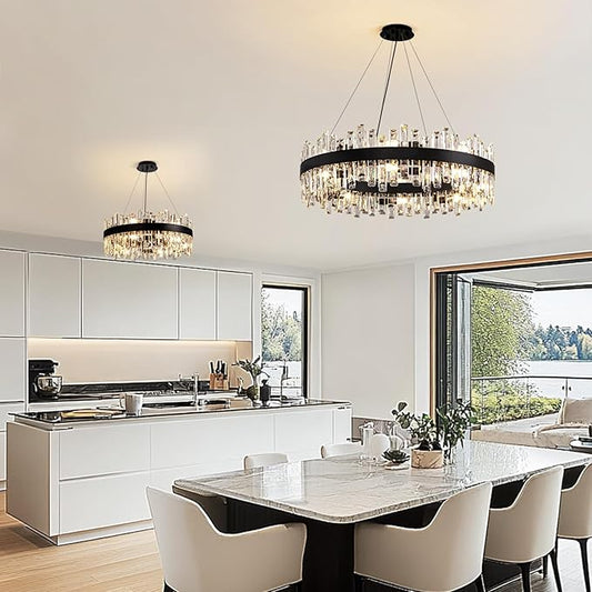 CROSSIO Modern Crystal Chandelier 16-Light Black Round 2 Tiers Raindrop Chandelier for Dining Room Luxury Large Flush Mount Ceiling Light for Living Room Entryway Foyer Bedroom D31.5''