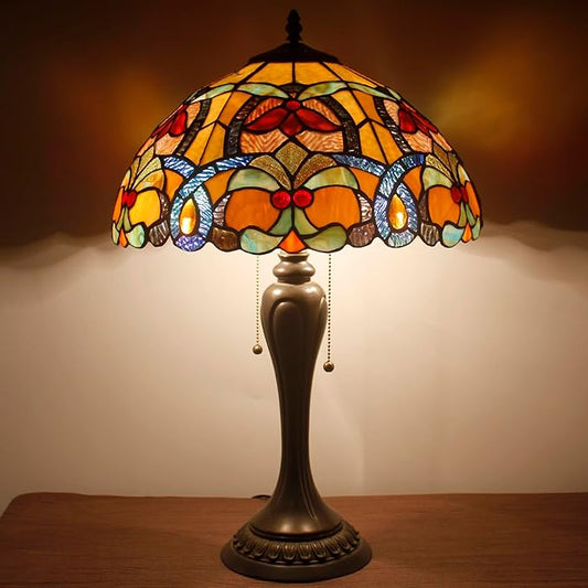 WERFACTORY Tiffany Table Lamp Orange Stained Glass Bedside Lamp 16X16X24 Inches Desk Reading Light Resin Base Decor Bedroom Living Room Home Office S617 Series