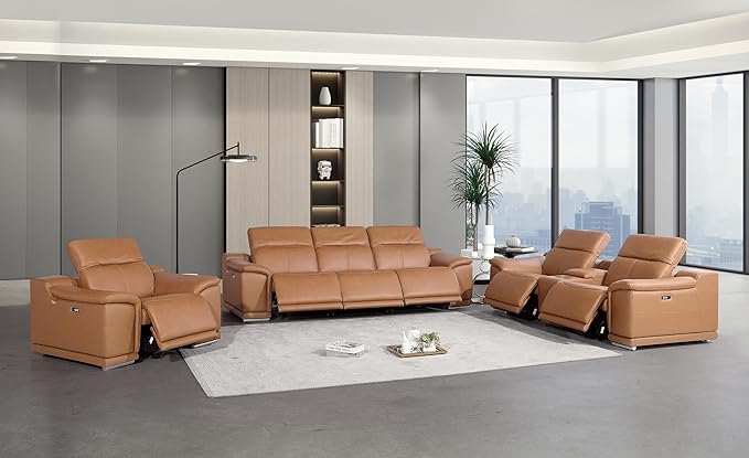 BlackJack Furniture Venice Top Grain Italian Leather Recliner 7 Seater 6 Power Reclining 3 Piece Sofa Set with Adjustable Headrests Modern Seating Sofa, Loveseat and Chair for Living Room , Cognac