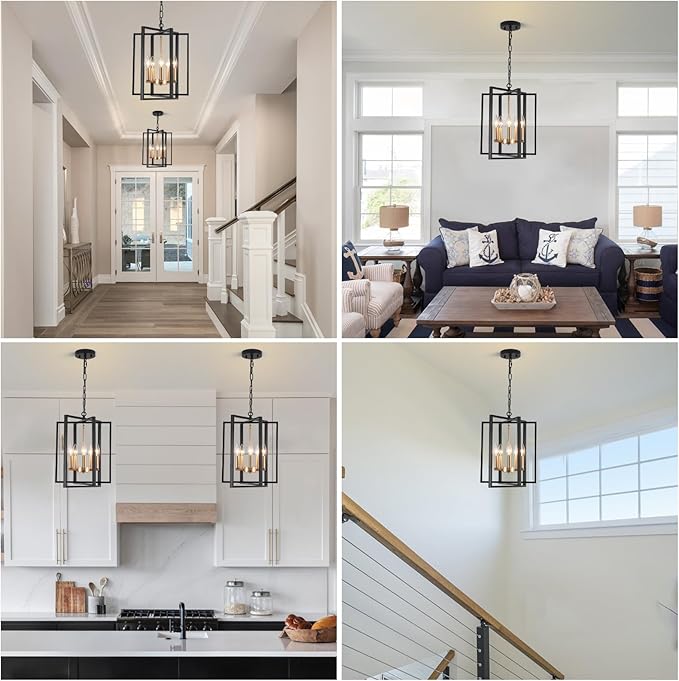 Black and Gold Modern Farmhouse Chandeliers for Dining Room, 5-Light Pendant Light Fixture Adjustable Industrical Entryway Light Fixture Hanging Chandelier for Kitchen Island Entryway Hallway Foyer