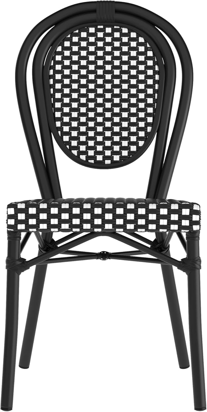 Flash Furniture Lourdes Indoor/Outdoor Commercial Thonet Bistro Stack Chair - Black/White PE Rattan Back and Seat - Black Metal Frame