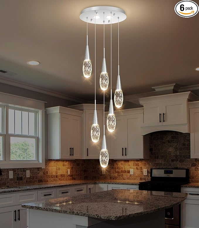 6-Lights Adjustable Pendant Lights for Kitchen Island LED Dimmable Light Fixture Modern Glam Crystal Hanging Lighting for Dining Room Bedroom Silver