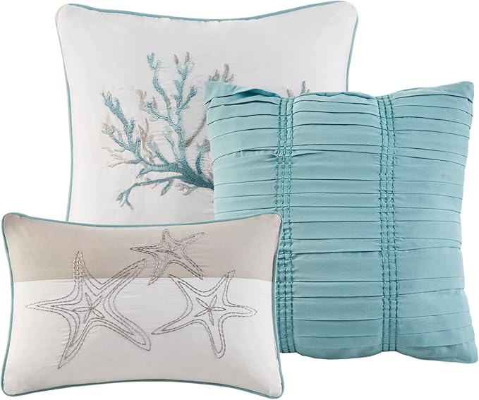 Madison Park Pebble Beach Pebble Beach 100% Cotton Comforter Set - Coastal Coral, All Season Down Alternative Cozy Bedding with Matching Shams, Decorative Pillow, Cal King(104"x92") Aqua 7 Piece