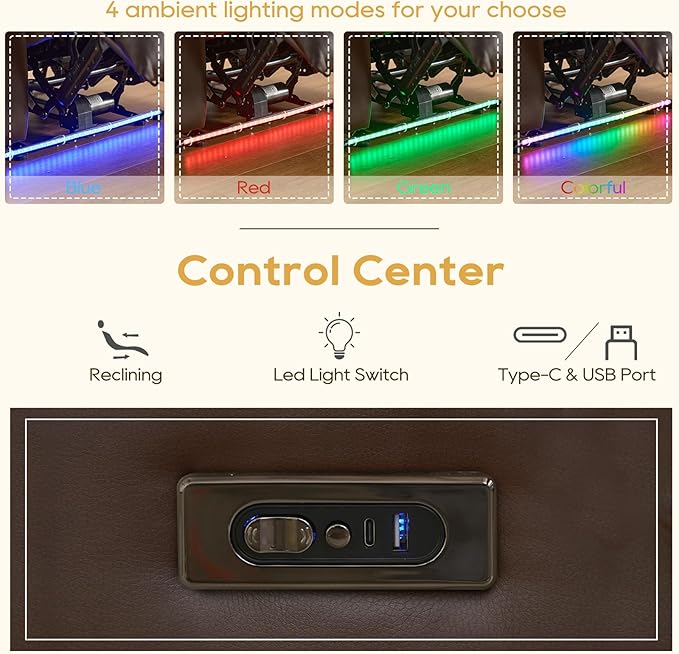 IPKIG Power Recliner Sofa with Flip-Up Backrest Console, USB & USB-C Ports, AC Outlet, LED Lights, Wall Hugger Recliners for Living Room, RV (Brown, 76.8" - 3 Seat) | Faux Leather, Zero Gravity, Dual Reclining, 2 Lumabr Pillow