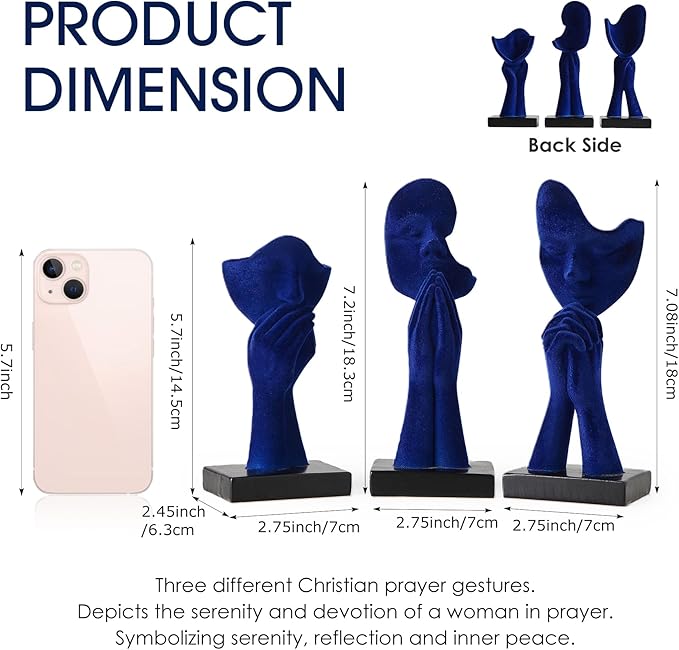 3 Pcs Navy Blue Decor Prayer Statues for Living Room Decor, Flocked Prayer of Peace Figurines Shelf Decor Accents, Abstract Sculptures for Bedroom Bookshelf Coffee Table Decor, Gifts for Women