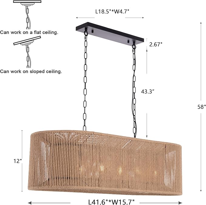 Wellmet Boho Chandelier Light Fixture 42 Inch, Farmhouse Rattan Pendant Light for Dining Room, Rustic Rectangular Chandeliers for Living Room, Bedroom, Kitchen Island (Rattan, 42 Inches)