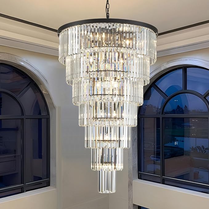 Large Long Black Crystal Chandelier, 47-inch Height, 7-Tier Modern Round Light Fixtures for Entryway, Foyer