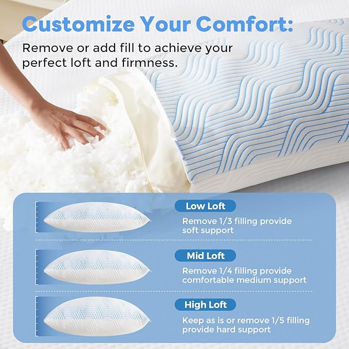 Cooling Bed Pillows for Sleeping 2 Pack Shredded Memory Foam Pillows Queen Size Set of 2 Adjustable Supportive Pillow for Back Stomach Side Sleepers Washable Removable Cover
