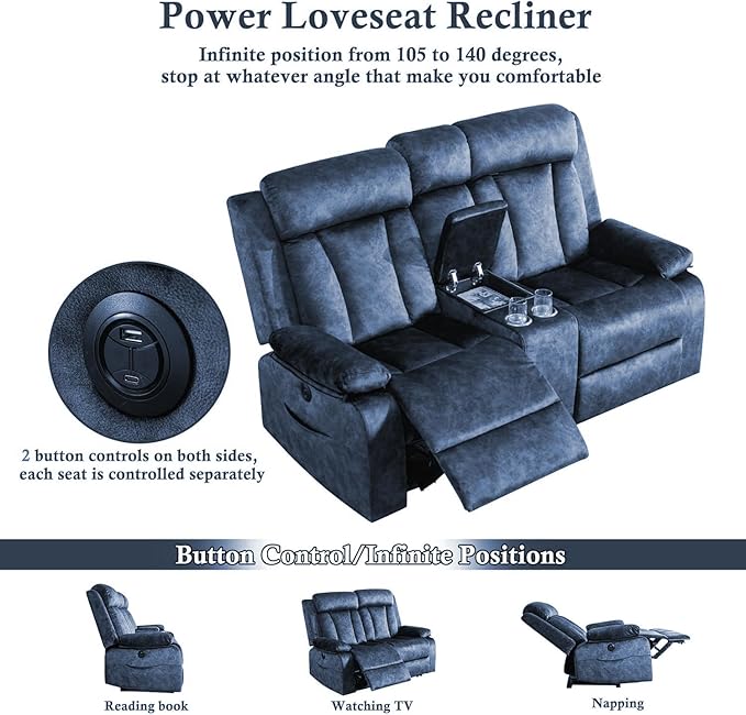 GUEAPY Power Reclining Loveseat with Console, Heat & Massage, 2 Seat Reclining Sofa with Cup Holders, USB & Type-C Ports, Plush Dutch Velvet 2 Seat Reclining Couch for Living Room, RV,Office,Apartment