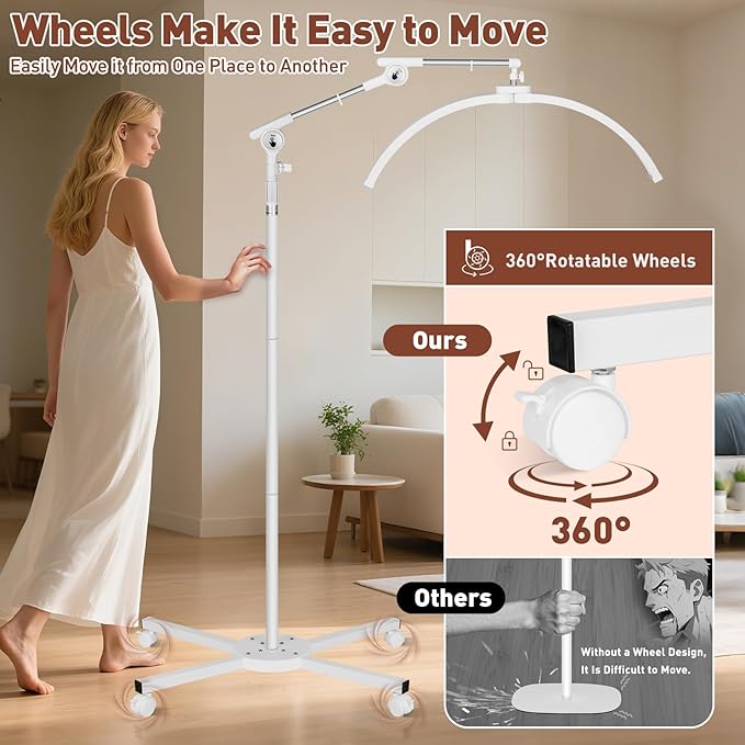 HITTI Lash Light for Eyelash Tech, 2026 Upgrade LED Half Moon Lamp with 4 Wheel Rolling Base, Esthetician Light for Tattoo Artists, Beauty - Adjustable Brightness, Phone Holder, 360°Rotating-White