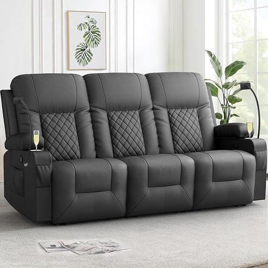 FURNIMAT Recliner Sofa, 3 Seats Dual Reclining Sofa, PU Leather Loveseat Couch, Modern Recliner Chair for Living Room, with Cup Holder and 2 Cell Phone Holder, USB Ports, Gray