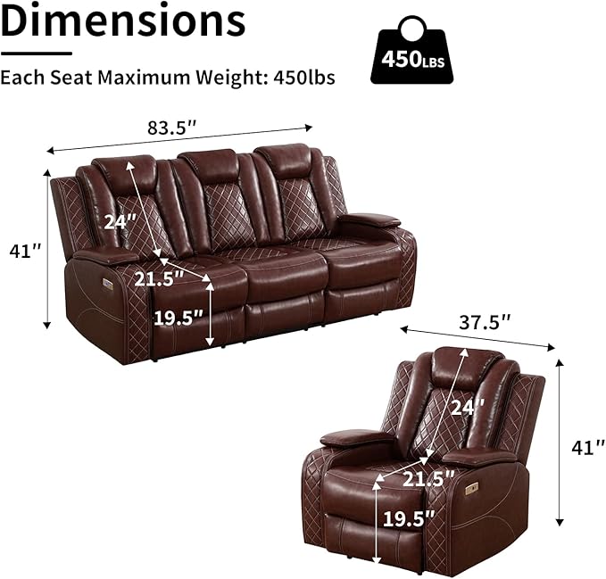 Power Leather Recliner Sofa Set with LED Light,Reclining Sofa and Chair Set with USB,Leather Couch Set for 3 Seater Couch with Coffee Table/Single Recliner 2 PCS for Living Room(Red,3+1)