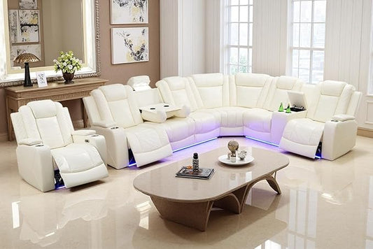 A Ainehome Power Leather Reclining Sectional Sofa Set, Living Room Furniture Set, Power Recliner Sectional Sofa Couch with USB Port/Storage Console for Living Room/Office(Off-White)