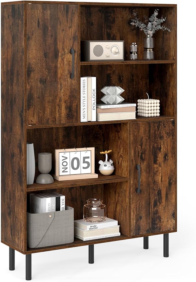 Giantex 47-Inches Storage Cabinet with Doors, Open Shelves, Anti-Tipping Device, 4-Tier Bookcase for Books & Photos, Tall Cupboard, Floor Cabinet for Living Room, Kitchen Buffet Sideboard (Brown)
