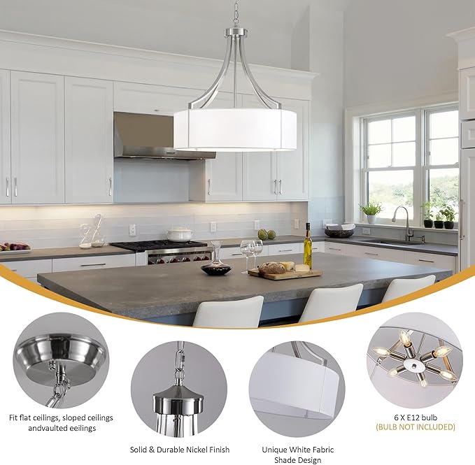 20" Modern Nickel Farmhouse Drum Chandeliers for Dining Room, 6-Light Rustic Drum Pendant Light with White Fabric Shade, Hanging Light Fixture for Living Room Bedroom Foyer Kitchen Island Entryway