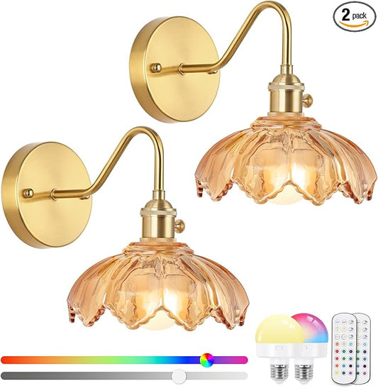 Vintage Glass Sconces, Battery Operated Wall Light with Remote, Rechargeable Wall Sconces RGB, No Socket Required, Easy to Install, Vintage Wall Sconce for Bedroom, Hallway, Aisle
