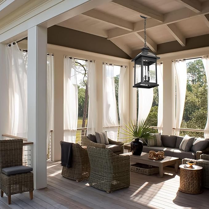 Darkaway Outdoor Pendant Lights for Porch, Extra Large 23inch Outdoor Chandelier 3-Light Hanging Lights Adjustable Hegiht Exterior Chandelier Ceiling Mount with Seeded Glass for House Patio Gazebo