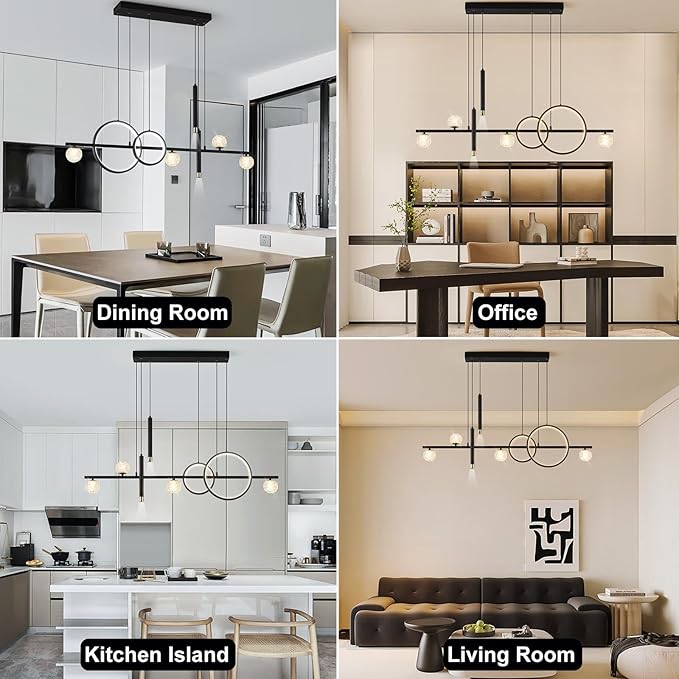 Modern LED Pendant Lights, Dimmable 47in Linear LED Chandelier Lighting, Upgraded Black & Gold Dining Room Hanging Light Fixtures Kitchen Island Globe Pendant Light for Dining Table (4200lm)
