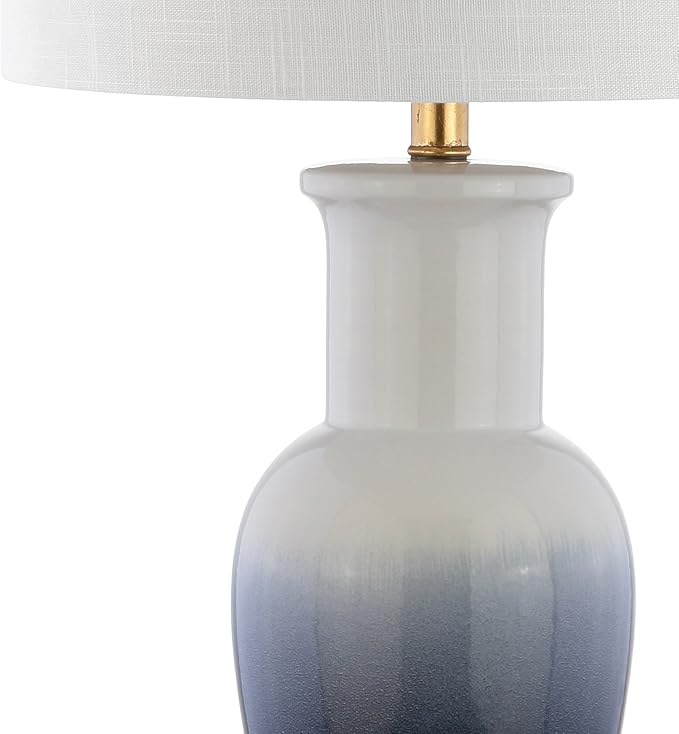 JONATHAN Y 31.5" White/Navy Blue Dip Dye Ceramic Table Lamp for Living Room, Large Bedside Lamp for Bedroom with White Linen Drum Shade, Traditional End Table Light, LED Bulb JYL3017A