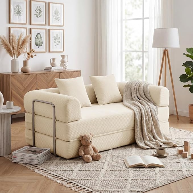 53.15'' Convertible Compressed Corduroy Folding Cloud Sofa Bed, Modern Boneless Pull Out Loveseat Sleeper in a Box, 4 in 1 Floor Mattress Futon Cloud Couch, No Assembly Needed, Beige, 2 Pillows, Full