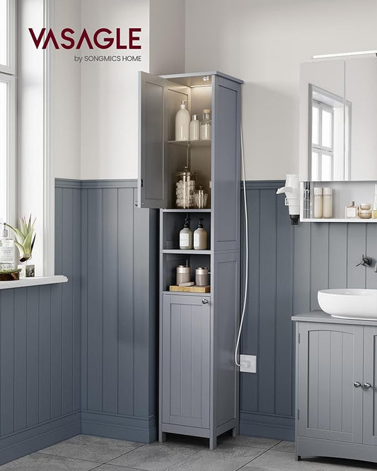 VASAGLE Tall Storage Cabinet with Lights, Slim Freestanding Cabinet with Adjustable Shelves, for Small Spaces, Bathroom, Living Room, Modern, 11.8 Inches Wide, Dove Gray UBBC566G02