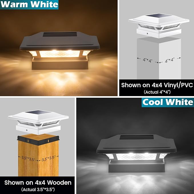 SIEDiNLAR Solar Post Cap Lights 16 LEDs 2 Modes 3.5x3.5 4x4 Vinyl Wooden Post Light Waterproof Outdoor for Fence Deck Patio Garden Decor, Warm/Cool White (2 Pack, White)