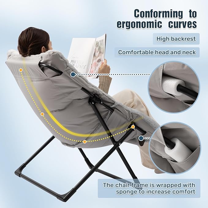 HollyHOME Comfy Oversized Saucer Chair, Extra Large Folding Lounge Chair for Adults, Foldable Accent Lazy Chair for Living Room, Bedroom, Dorm, Collapsible Reading Chair for Teens Kids, X-Large,Grey