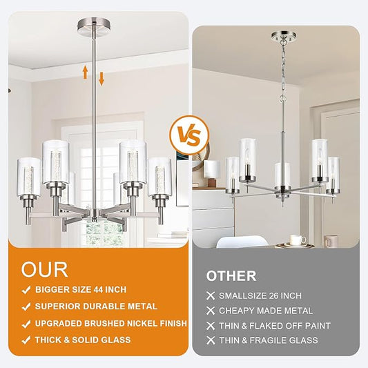 VINLUZ 6 Ceiling Light Industrial Chandelier Brush Nickel Pendant Lighting Hanging Fixture with Cylinder Clear Glass for Kitchen Bedroom Dining Room
