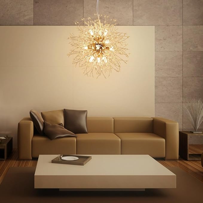 Depuley Gold Dandelion Light Fixtures, 12-Light Crystal Chandelier Lights Sparkle Pendant Light, Firework Starburst Chandelier Design for Living Room, Bedroom, Stairs, Hallway, G9 Bulb Not Included