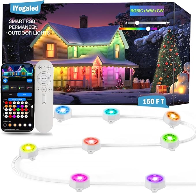 150ft Permanent Outdoor Christmas Lights for House, Smart RGB+IC+Warm to Cool White LED Eave Lights with App Control, IP65 Outside Light Compatible with Alexa, Google Assistant