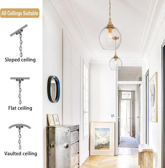 Untrammelife Glass Gold Pendant Light 1-Light 9" Globe Ceiling Lighting Modern Hanging Light Fixture with Hammered Glass Gold Chandelier Adjustable Chain Brushed Brass Finished