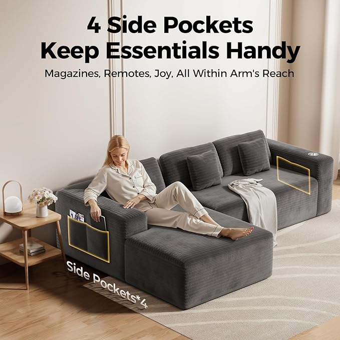 CAMMOO 108” Cloud Sectional Couch in One Box, Compressed Modular Sectional Sofa with Deep Seat, Corduroy Boneless Couches, L-Shaped Sofa for Living Room, 4 Storage Pockets(Left Facing Chaise, Grey)