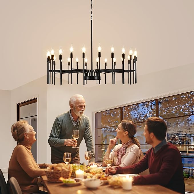 Black Chandelier 24 Light Large Modern Farmhouse Chandeliers for Dining Room Light Fixture, 40" Round Candle Large Chandeliers for High Ceilings Living Room Foyer Entryway