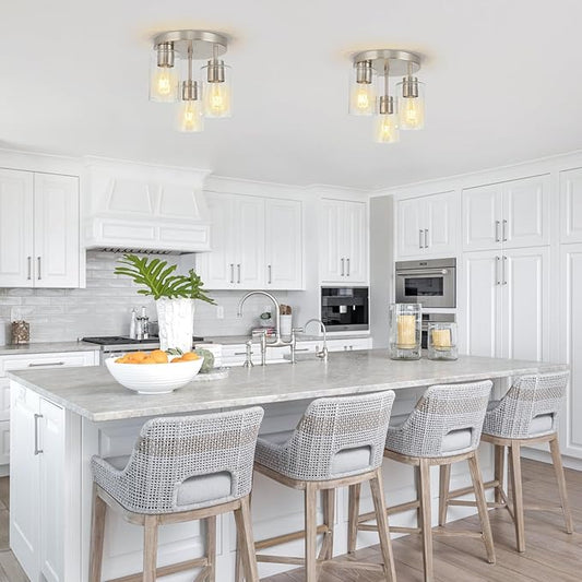 Semi Flush Mount Ceiling Light Fixture Brushed Nickel Flush Mount Ceiling Light with Seeded Glass Shades, 3-Light Modern Ceiling Light for Kitchen Hallway Entryway Island Bedroom