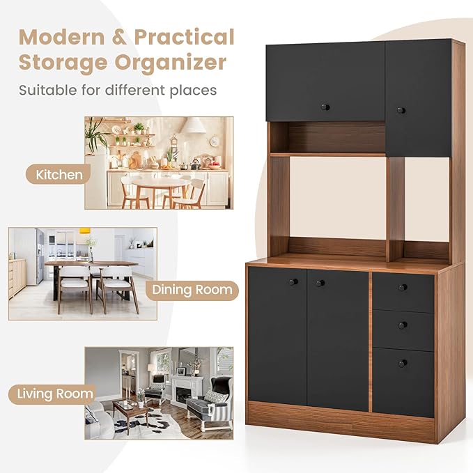 Giantex Kitchen Pantry, Buffet Hutch with 3 Storage Cabinet, 71'' Floor Large Cupboard with 3 Deep Drawers, Wide Countertop, Adjustable Shelves, Tall Sideboard (Walnut & Black)