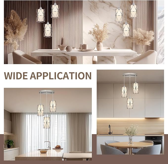 Brushed Nickel 3 Light Chandelier, Adjustable Height Pendant Lights Kitchen Island, Modern Dining Room Light Fixture with Linen Shade, Kitchen Light fixtures for Dining Room, Bathroom