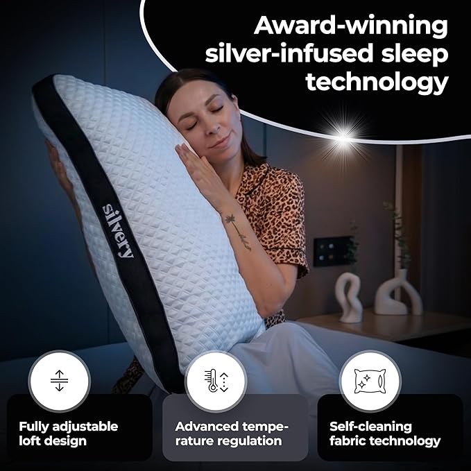 Silvery Silver Infused Restcool Bed Pillow - Adjustable Memory Foam Fill with Self-Cooling Fabric - Self-Cleaning Technology that Stays Fresh 3X Longer (White, King)