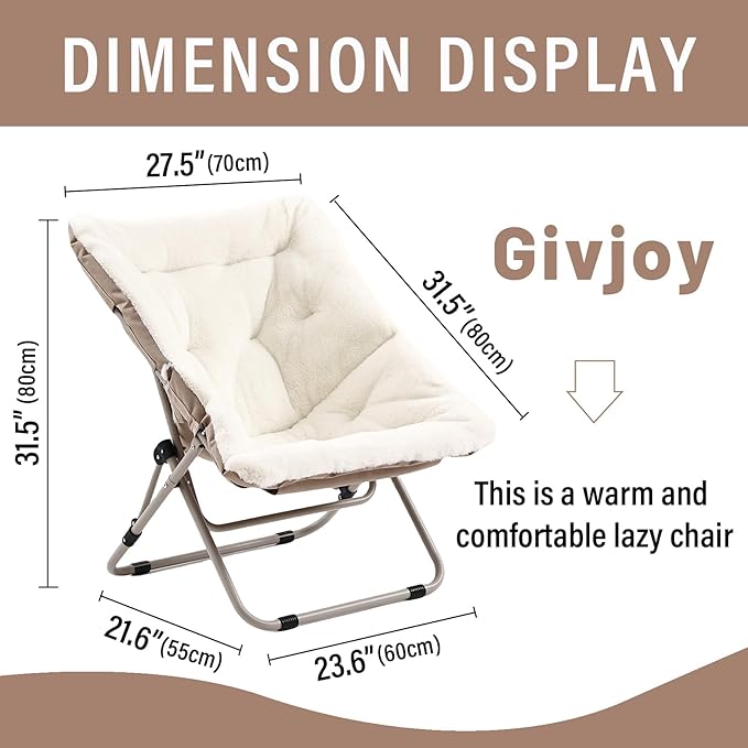 Living Room Chair, Soft Faux Fur Folded Chair Oversized Folding Accent Chairs, Furry Lazy Chairs, Metal Frame Moon Chair for Bedroom, Living Room