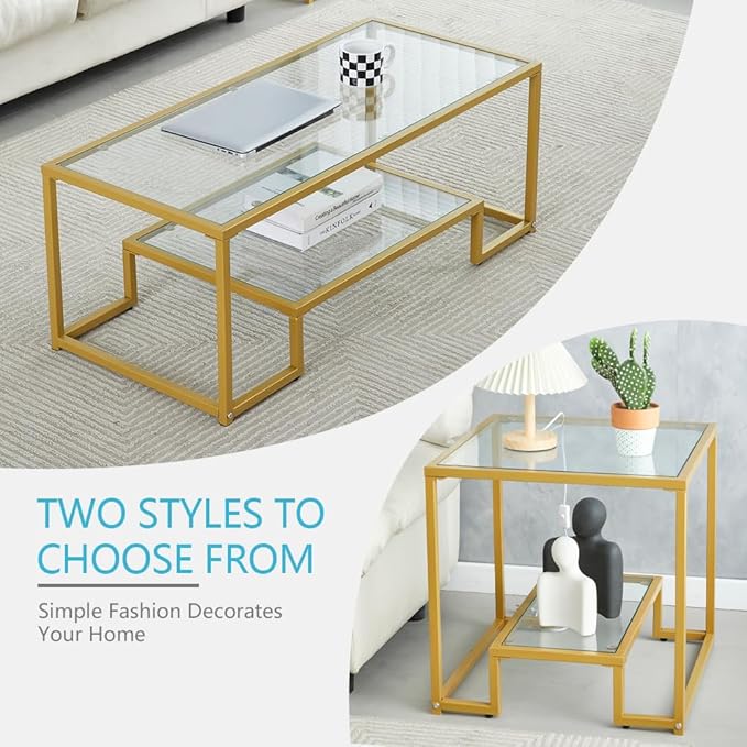 Modern and Simple Two Tier Golden Metal Side Table with Tempered Glass Top, Perfect as Bedside Table, Nightstand, 21 inch Small Modern Side Table for Bedroom, Dinning Room, Office