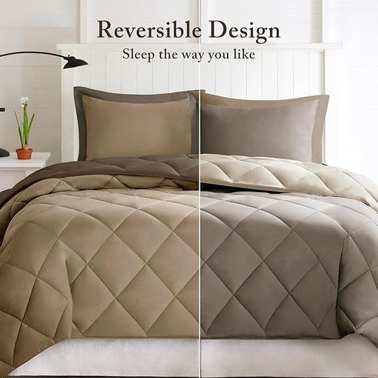 Madison Park Essentials Comfort Classics Larksppur Reversible Down Alternative 3M Scotchgard Comforter Mini Set, Twin/ Twin X-Long, Brown/ Sand