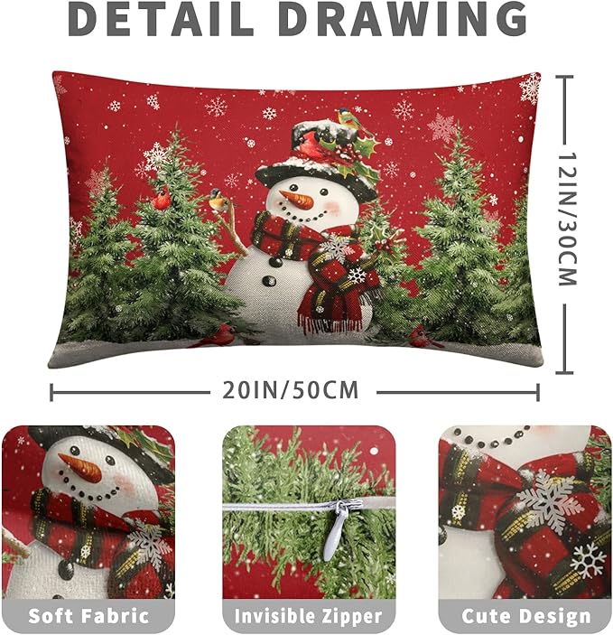 Winter Snowman Pillow Covers 12x20 Set of 2 Red Winter Lumbar Throw Pillow Covers Xmas Snowman Cardinal Snowy Pine Tree Pillow Case Winter Outdoor Pillowcases for Living Room Couch Sofa