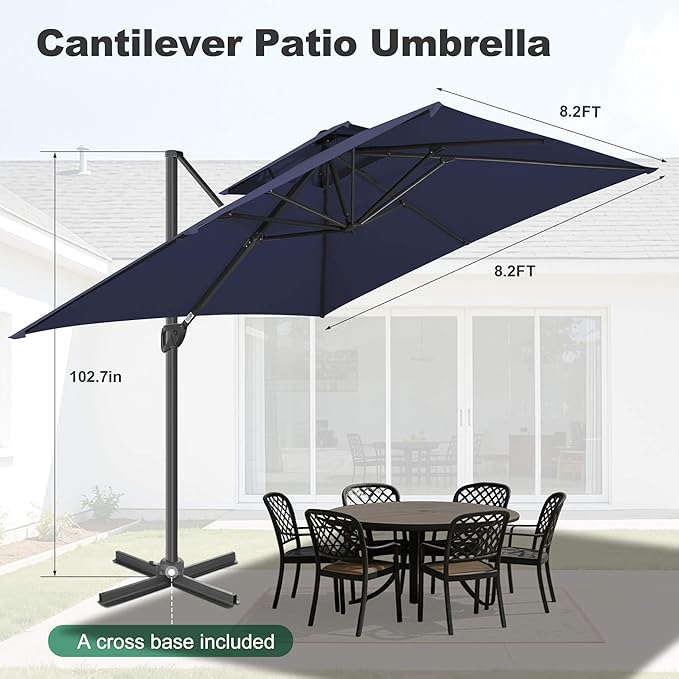 FLAME&SHADE 8.2 X 8.2 FT Cantilever Patio Umbrella - Large Offset Umbrella Outdoor Patio with 360-Degree Rotation and 3-Year Fade Resistance Fabric for Deck Pool Backyard Garden, Dark Blue