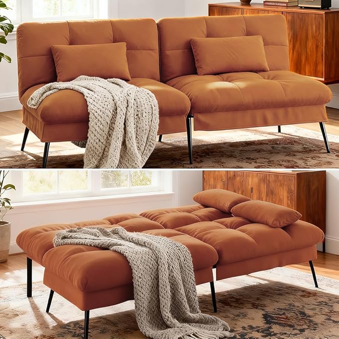 COMHOMA Convertible Sofa Bed,68″Fabric Couch with Adjustable Backrest,Loveseat Recliner Sleeper Living Room Furniture futon Set,Orange