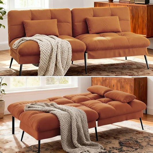 COMHOMA Convertible Sofa Bed,68″Fabric Couch with Adjustable Backrest,Loveseat Recliner Sleeper Living Room Furniture futon Set,Orange