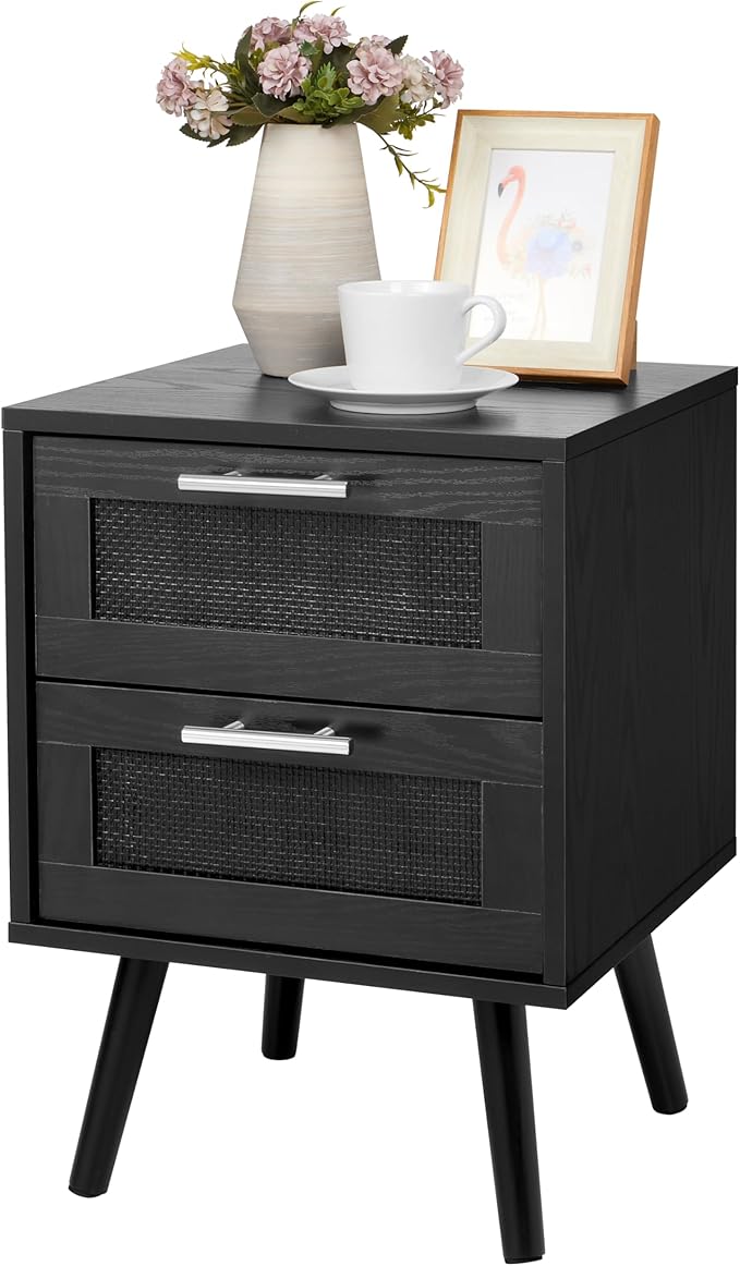 Finnhomy Nightstand, End Table, Side Table with 2 Hand Made Rattan Decorated Drawers, Nightstands Set of 2, Wood Accent Table with Storage for Bedroom, Full Black, 2 Pack