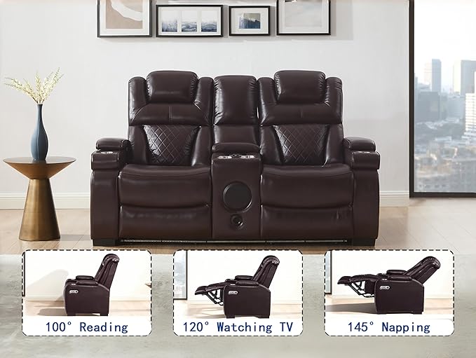 THSUPER Power Breathable Leather Reclining Loveseat with 7-Color LED Light, Living Room Recliner Couch with Adjustable Headrest/USB Port/Wireless Charging/Bluetooth Speaker for Living Room, Brown