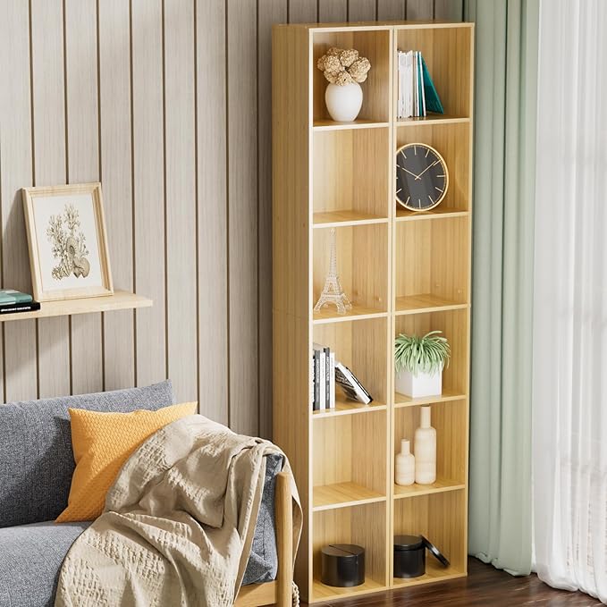 Tall Narrow Bookshelf 6-Tier Bookcase,70.5" Skinny Thin Corner Shelf Slim Storage Cabinet,Wood DVD CD Media Cube Organizer Tower Rack for Small Spaces, Bedroom, Living Room, Office,Natural